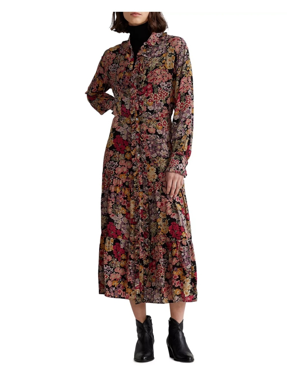 Polo Ralph Lauren Primrose Floral Tiered Midi Shirt Dress Tie Waist Size 6 Boho